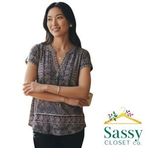 Lucky Brand Blue White Graphic Festival Top V‑Neck Lightweight Size S EUC